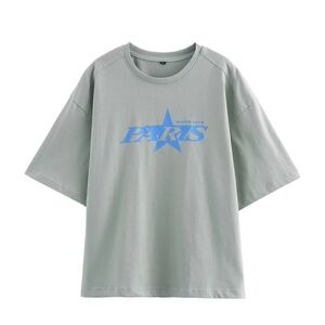 Zara Light Sage Tee with Blue Paris Star Print